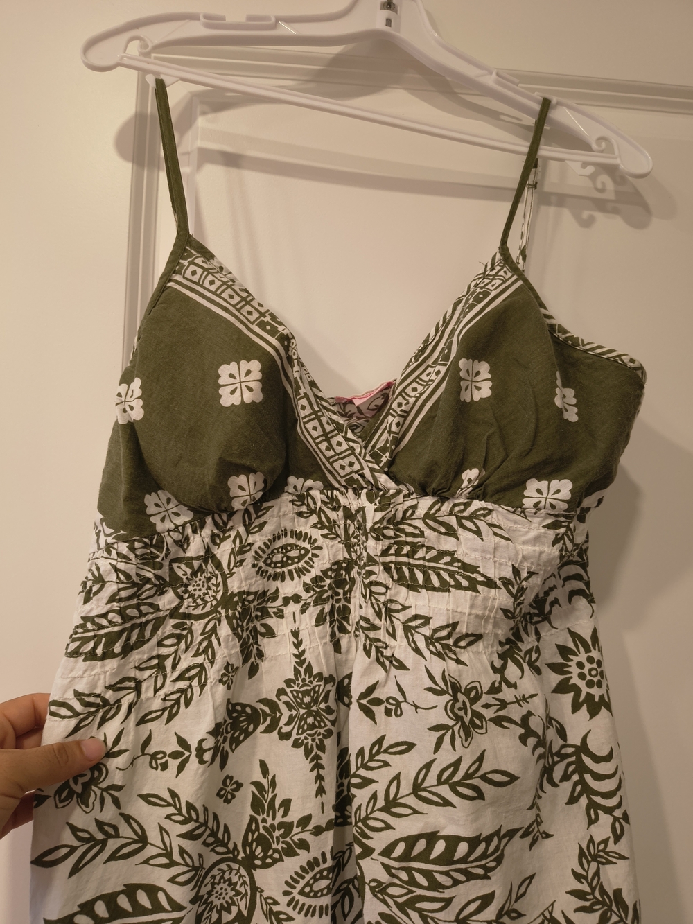 She's Cool Olive & White Spaghetti-Strap Printed Midi Dress